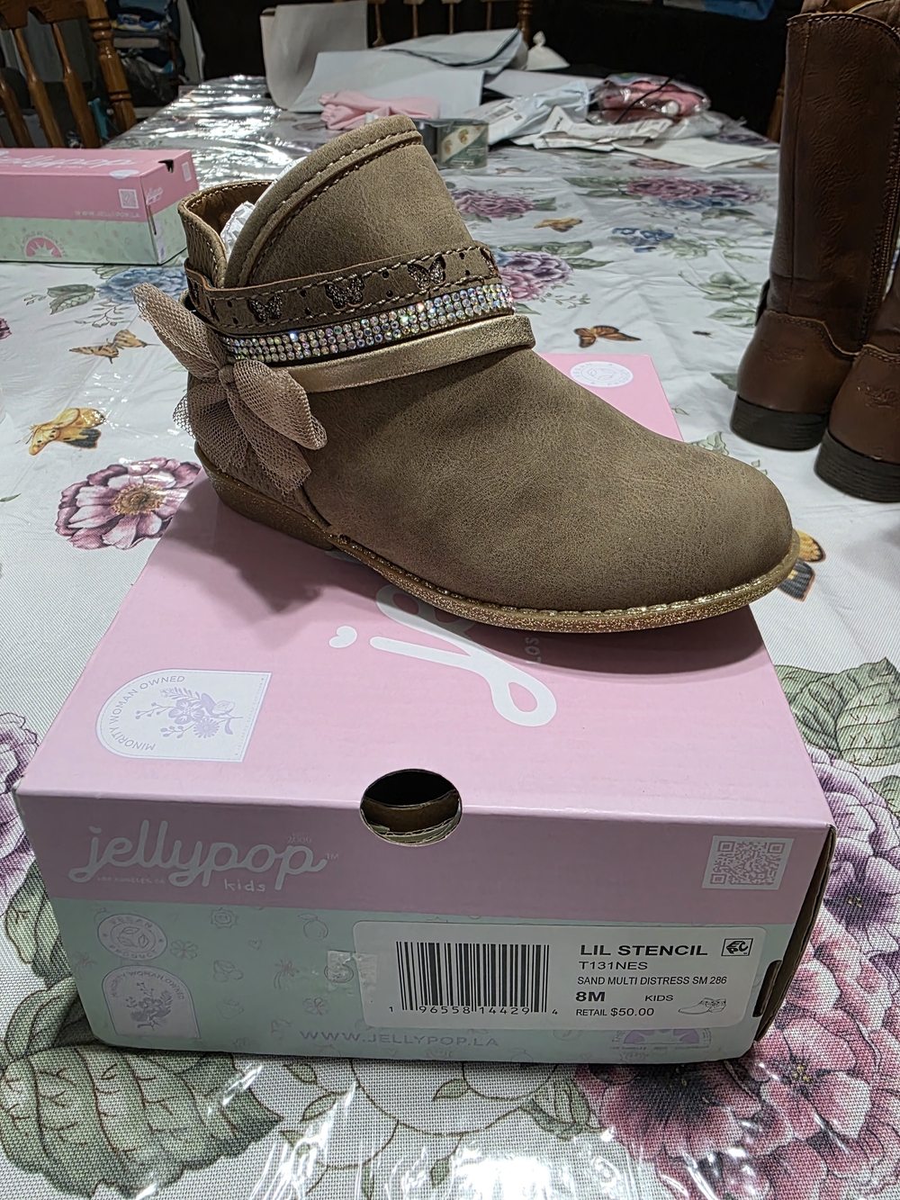 Jellypop Kids Tan Ankle Boot with Bow & Rhinestone Trim